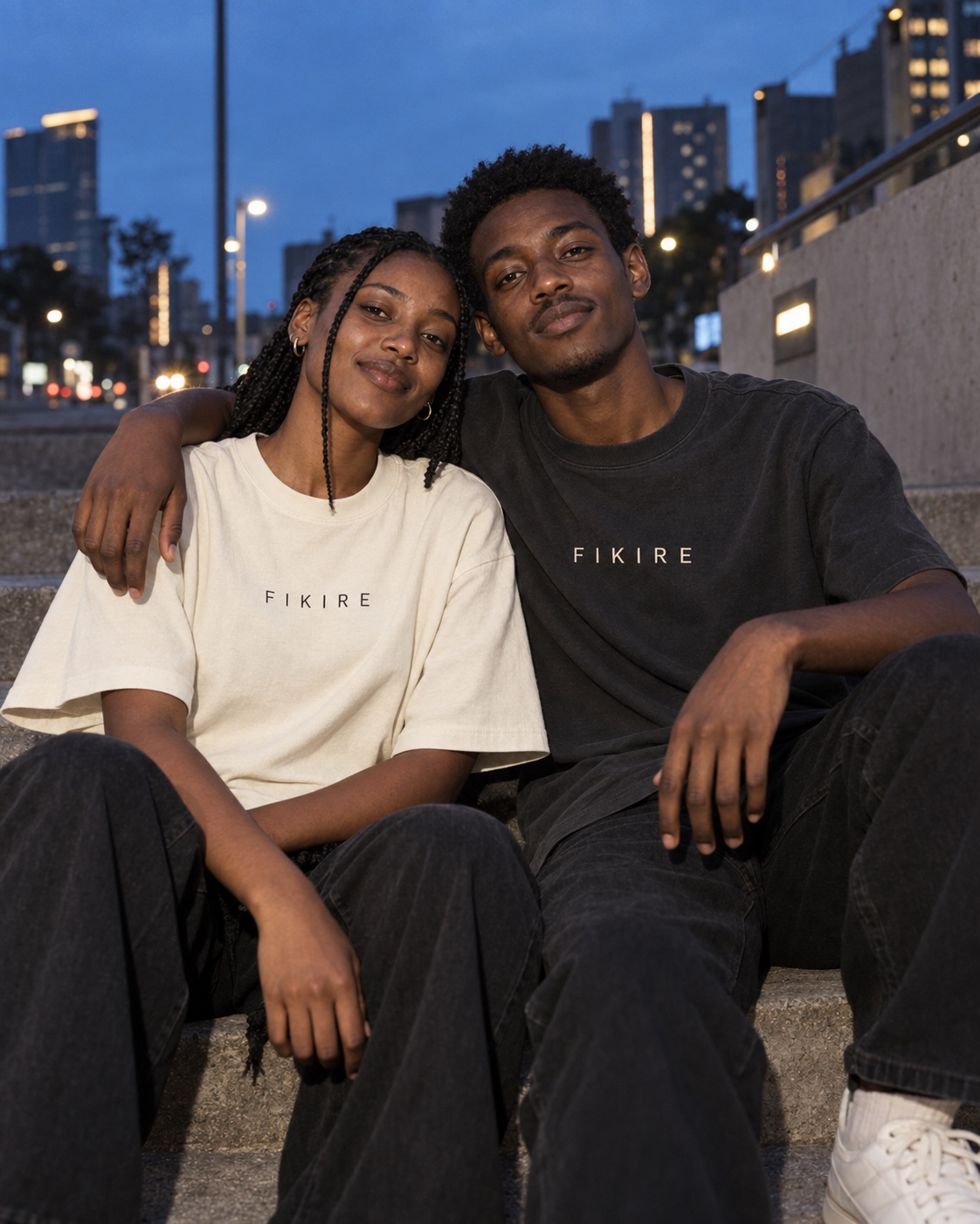 Two friends wearing FIKIRE together on city steps
